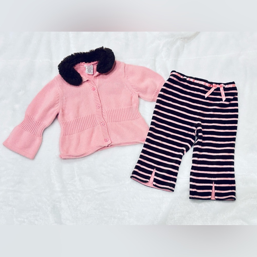 Gymboree Giraffe Club Vintage Sweater Jacket Cardigan Velour stripe pants 12-18